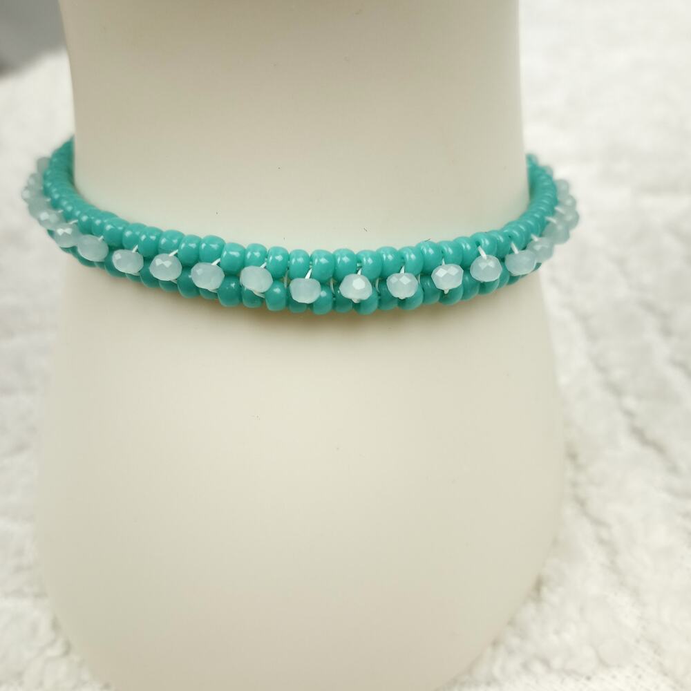 HANDMADE ~Aqua Herringbone & Baby Blue Crystals  Bracelet ~ 6¾"